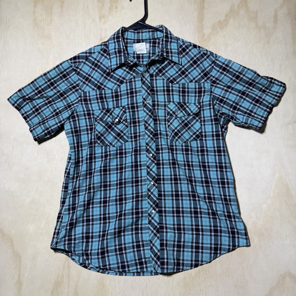 Wrangler Wrancher Men's Large Plaid Western Pearl Snap Short Sleeve Shirt